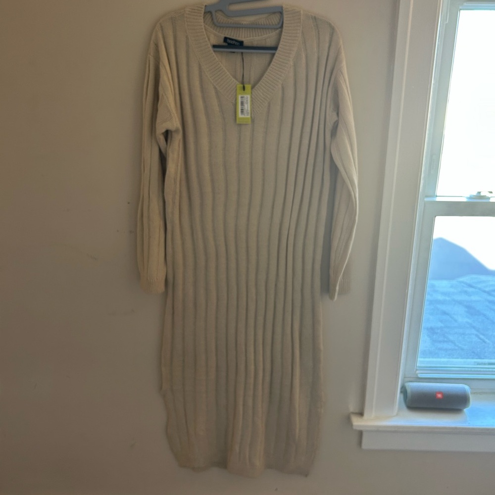 Boohoo Cream Long Sleeve Ribbed Dress